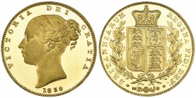 g Victoria, young head, proof sovereign, 1839, edge plain, medallic alignment ↑↑ (S. 3852), mint state and lightly toned, an outstanding example, in N...