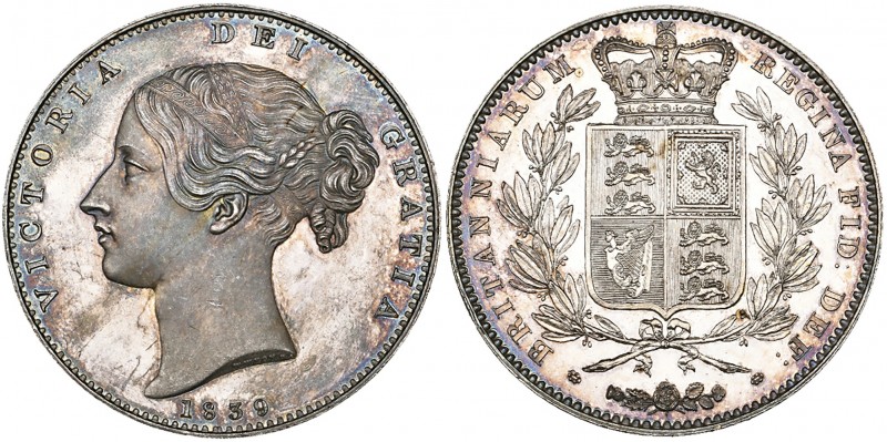 Victoria, young head, proof crown, 1839, edge plain, coinage alignment ↑↓ (E.S.C...