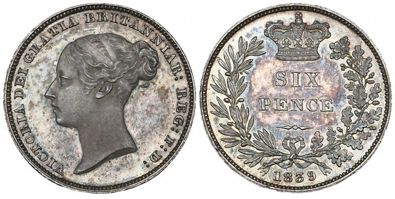 Victoria, young head, proof sixpence, 1839, edge plain, medallic alignment ↑↑ (E...