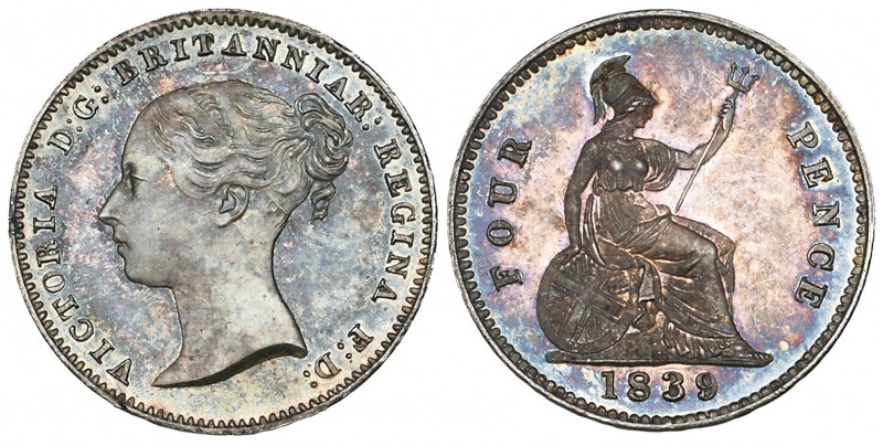 Victoria, young head, proof Britannia groat, 1839, edge plain, coinage alignment...