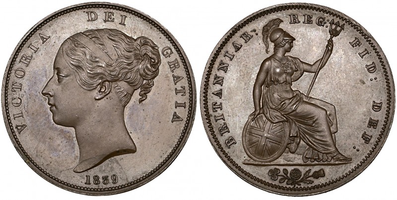 Victoria, young head, proof penny, 1839, in bronzed copper, medallic alignment ↑...