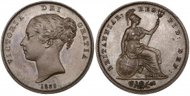 Victoria, young head, proof penny, 1839, in bronzed copper, medallic alignment ↑↑ (S. 3948), mint state, in NGC holder graded PF66 BN
Estimate: 1500 ...