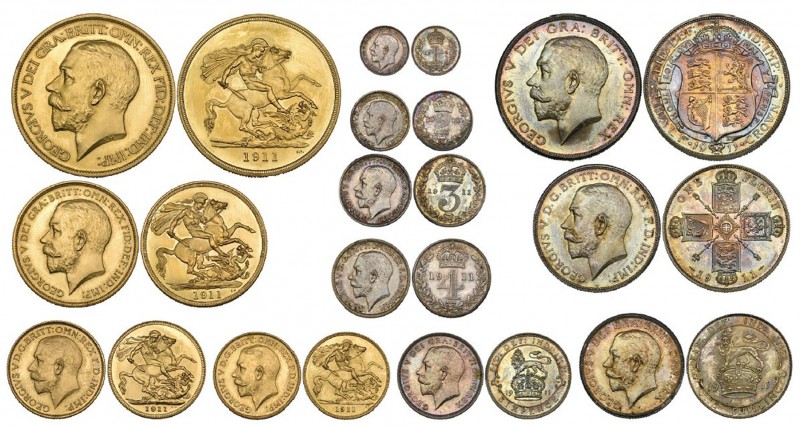 George V, Coronation, 1911, proof set of 12 coins, comprising gold five-pounds, ...