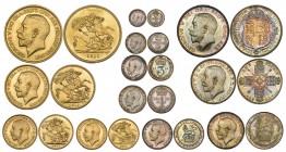 George V, Coronation, 1911, proof set of 12 coins, comprising gold five-pounds, two-pounds, sovereign and half-sovereign, silver halfcrown, florin, sh...