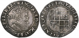 James I, Third Coinage, shilling, m.m. thistle head, sixth bust (N. 2124; S. 2668), legend weak in parts, portrait good very fine and clear
Estimate:...