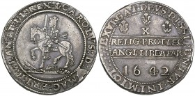 Charles I, Shrewsbury mint, half-pound, 1642, m.m. plume on obverse, pellets on reverse, Shrewsbury horseman riding left over arms not including canno...