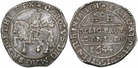 Charles I, Bristol mint, halfcrown, 1644, m.m. plume on obverse, Br on reverse, ‘Bristol’ horseman riding left, rev., Declaration with three Bristol p...
