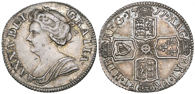 Anne, sixpence, 1711, rev., 5 strings to harp, large lis (Bull 1461; E.S.C. 1596...