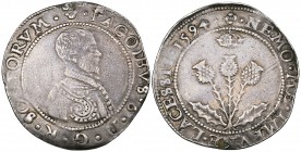 James VI, Seventh Coinage, 10-shillings (2), 1594 and 1599, bare head bust right in armour, rev., crowned, triple-headed thistle at centre, date in le...