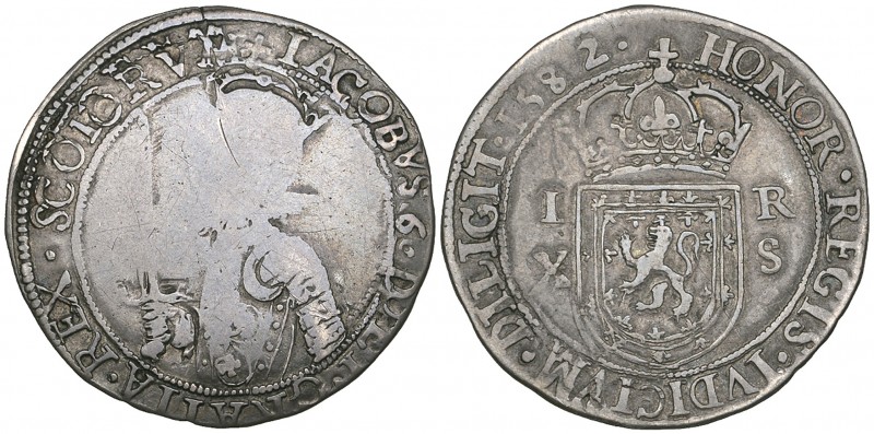 James VI, Ninth Coinage, 10-shillings, 1582, crowned half-length bust left, in a...