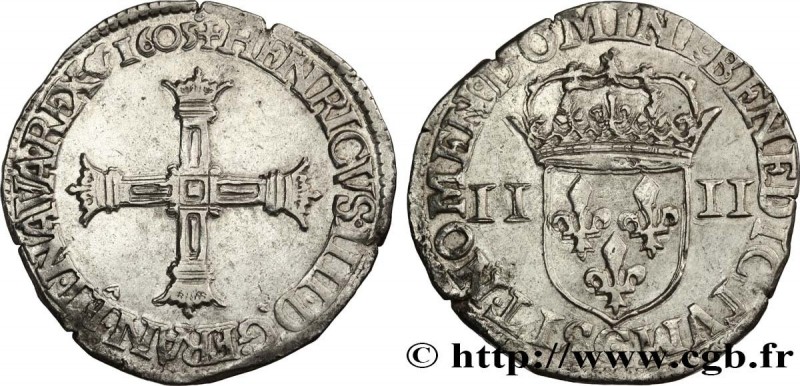 HENRY IV
Type : Quart d'écu, croix bâtonnée et couronnée de face 
Date : 1605 
M...