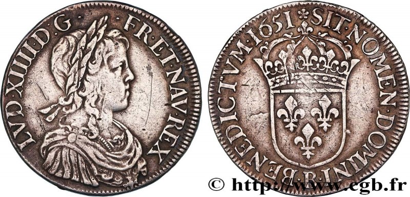 LOUIS XIV "THE SUN KING"
Type : Écu à la mèche longue 
Date : 1651 
Mint name / ...