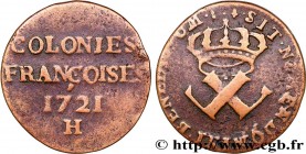 LOUIS XV THE BELOVED
Type : Neuf deniers, colonies françoises 
Date : 1721 
Mint name / Town : La Rochelle 
Metal : copper 
Diameter : 26  mm
Orientat...