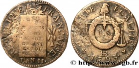 THE CONVENTION
Type : 1 sol dit "à la table de loi", légende FRANÇAISE 
Date : 1793 
Mint name / Town : Strasbourg 
Metal : bell metal 
Diameter : 28,...