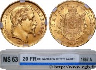 SECOND EMPIRE
Type : 20 francs or Napoléon III, tête laurée 
Date : 1867 
Mint name / Town : Paris 
Quantity minted : 2923024 
Metal : gold 
Millesima...
