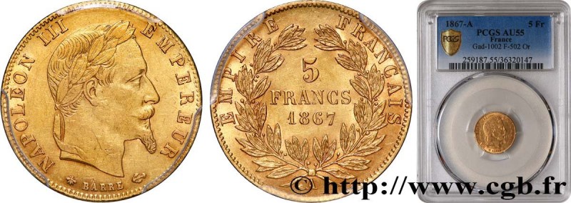 SECOND EMPIRE
Type : 5 francs or Napoléon III, tête laurée 
Date : 1867 
Mint na...