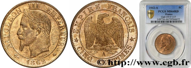 SECOND EMPIRE
Type : Cinq centimes Napoléon III, tête laurée 
Date : 1862 
Mint ...