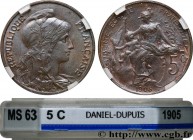 III REPUBLIC
Type : 5 centimes Daniel-Dupuis 
Date : 1905 
Quantity minted : 2100000 
Metal : bronze 
Diameter : 25  mm
Orientation dies : 6  h.
Weigh...
