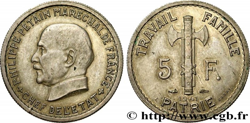 FRENCH STATE
Type : Essai de 5 francs Pétain en cupro-nickel, 3e projet de Bazor...