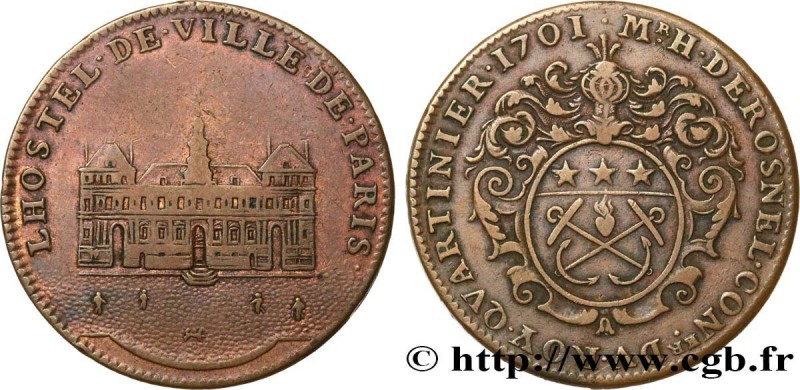 CORPORATIONS
Type : H. DEROSNEL - QUARTINIERS 
Date : 1701 
Metal : copper 
Diam...