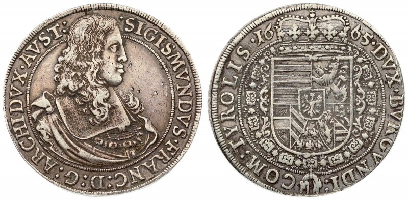 Austria 1 Thaler 1665 Hall. Archduke Sigismund Franz(1662-1665). Averse: Crowned...