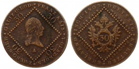 Austria 30 Kreuzer 1807A Franz I (1792-1835). Averse: Laureate head right within beaded square outline. Reverse: Crowned imperial double eagle within ...