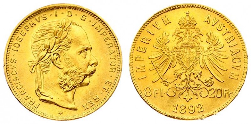 Austria 8 Florins-20 Francs 1892 Restrike. Franz Joseph I(1848-1916). Averse: La...