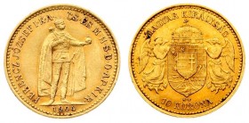 Austria Hungary 10 Korona 1904 KB Kremnitz. Franz Joseph I(1848-1916). Averse: Emperor standing. Reverse: Crowned shield with angel supporters. Gold. ...
