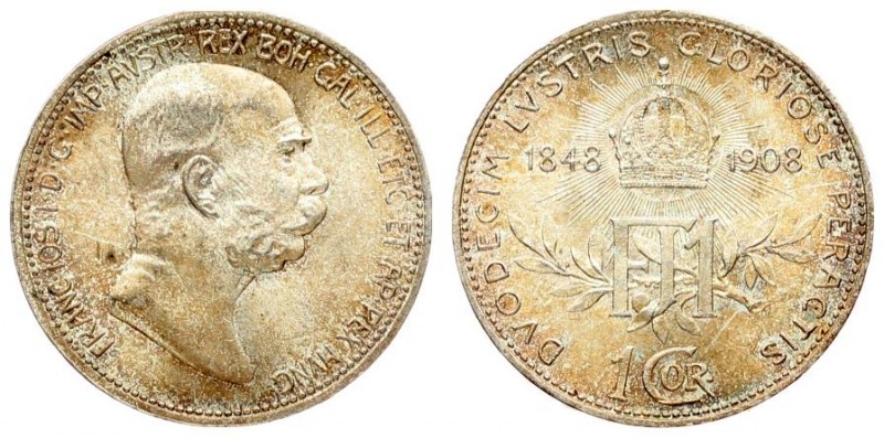 Austria 1 Corona 1908 60th Anniversary of Reign. Franz Joseph I (1848-1916). Ave...