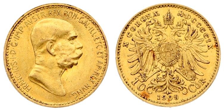 Austria 10 Corona 1909 - MDCCCCIX Franz Joseph I(1848-1916). Averse: Head right....