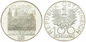 Austria 100 Schilling 1979 700th Anniversary - Cathedral of Wiener Neustadt. Averse: Imperial Eagle with Austrian shield on breast; holding hammer and...