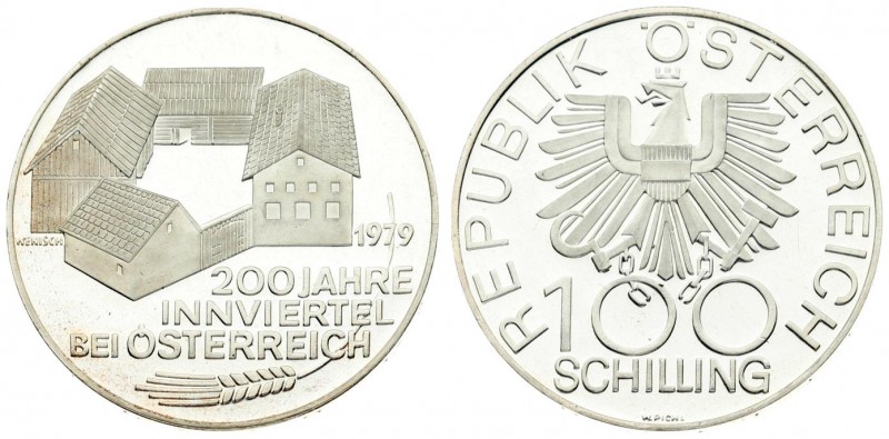 Austria 100 Schilling 1979 200th Anniversary - Inn District. Averse: Imperial ea...