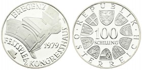 Austria 100 Schilling 1979 Averse: Value within circle of shields. Reverse: Festival and Congress Hall at Bregenz; date lower right. Edge Description:...