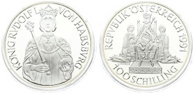 Austria 100 Schilling 1991. Averse: Rudolph I seated on throne flanked by figures kneeling; value at bottom. Reverse: Half-length figure of Rudolph I;...
