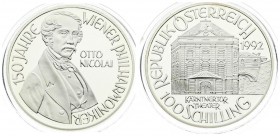 Austria 100 Schilling 1992 Averse: Theater building; value below. Reverse: Bust of Otto Nicolai; 3/4 right. Edge Description: Reeded. Silver. KM 3005
