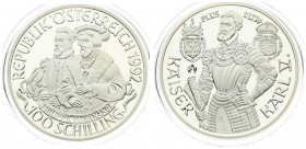 Austria 100 Schilling 1992 Averse: Two half-length figures; 3/4 left; above inscription; value at bottom. Reverse: 3/4 length figure of Karl V in armo...