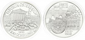 Austria 100 Schilling 1995 First Republic. Averse: Columned buildings; statue at right; people in foreground; date below; value at bottom. Reverse: Co...