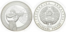 Belarus 20 Roubles 2001 - 2002 Winter Olympics. Averse: National arms. Reverse: Marksman aiming at bullseye. Edge Description: Reeded. Silver. KM 49