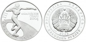Belarus 20 Roubles 2003 2004 Olympic Games. Averse: National arms. Reverse: Female shot-putter. Silver. KM 149