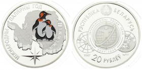 Belarus 20 Roubles 2007 International Polar Year. Averse: IPY logo. Reverse: Antarctic map behind two penguins. Silver. KM164