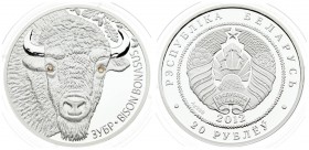 Belarus 20 Roubles 2012. Averse: National arms. Reverse: Bison head facing; two crystal eyes. Silver. KM 420