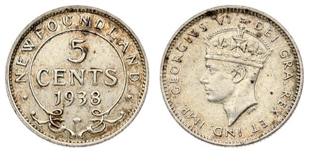 Canada NEWFOUNDLAND 5 Cents 1938 Averse: Crowned head left. Reverse: Denominatio...