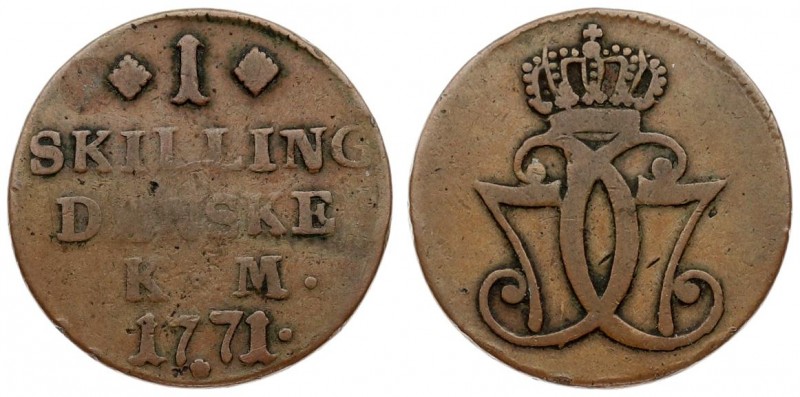 Denmark 1 Skilling 1771 Christian VII (1766-1808). Averse: Crowned double C7 mon...