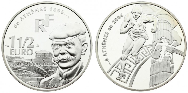 France 1-1/2 Euro 2003 Averse: Pierre de Coubertin. Reverse: Olympic runners. Ed...