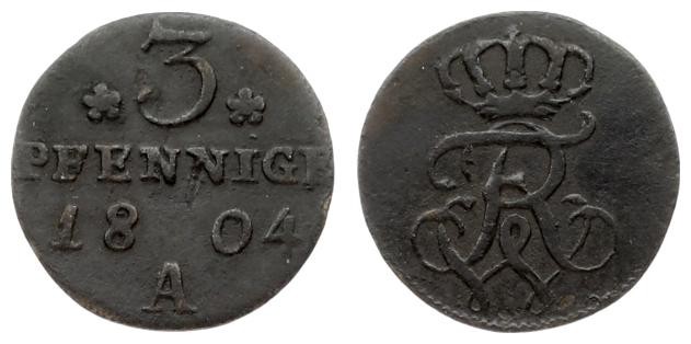 Germany PRUSSIA 3 Pfennig 1804A Friedrich Wilhelm III(1797-1840). Averse: Crowne...