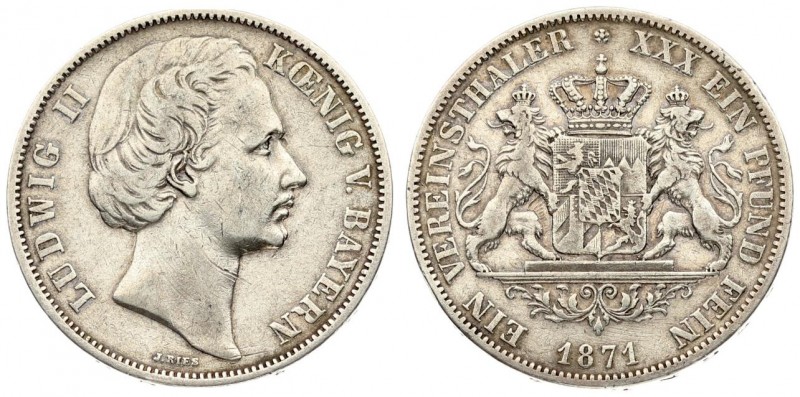 Germany BAVARIA 1 Thaler 1871 Ludwig II(1864-1886). Averse: J. RIES below trunca...