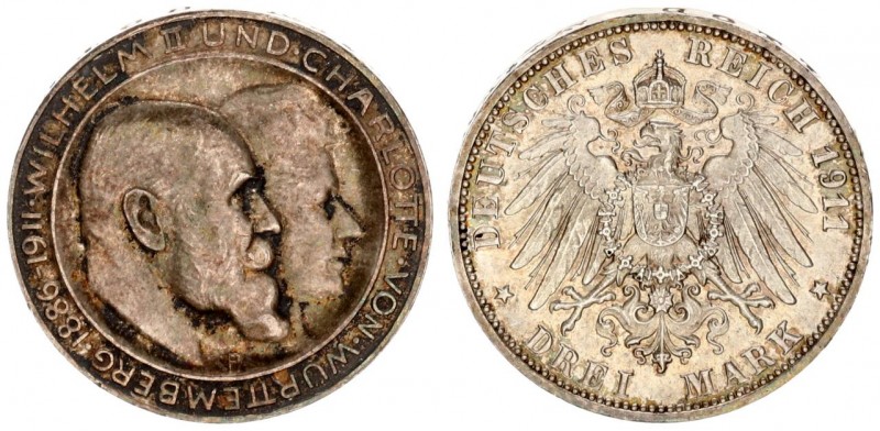 Germany Wurttemberg 3 Mark 1911F Silver Wedding Anniversary. Wilhelm II (1891-19...