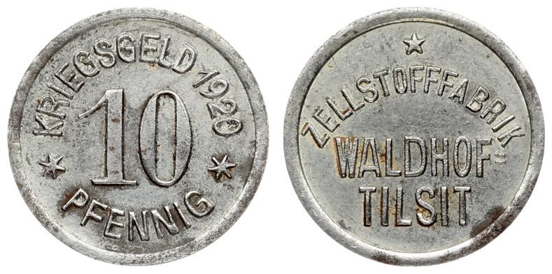 Germany 10 Pfennig 1920 Tilsit Averse Lettering: Zellstoff Fabrik Waldhof Tilsit...