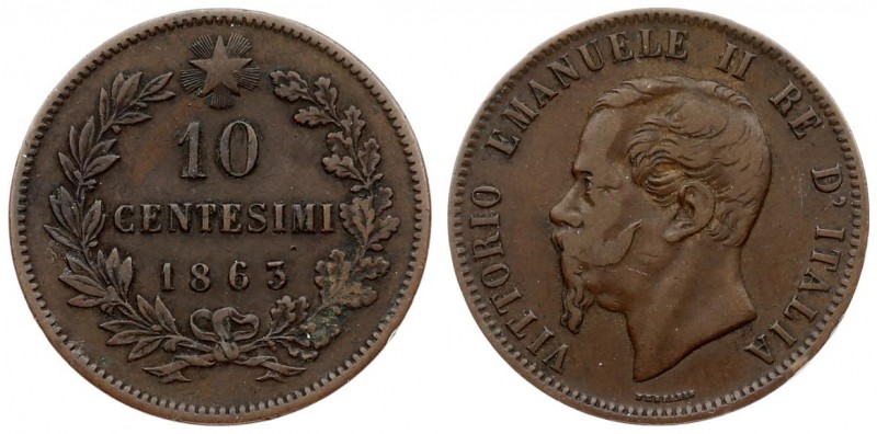 Italy 10 Centesimi 1863 Paris. Vittorio Emanuele II(1861-1878). Dated 1863. Bare...