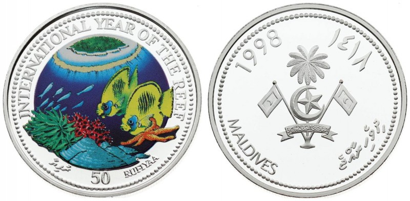 Maldives 50 Rufiyaa 1998 Marine Life Protection - Fish. Proof. Silver